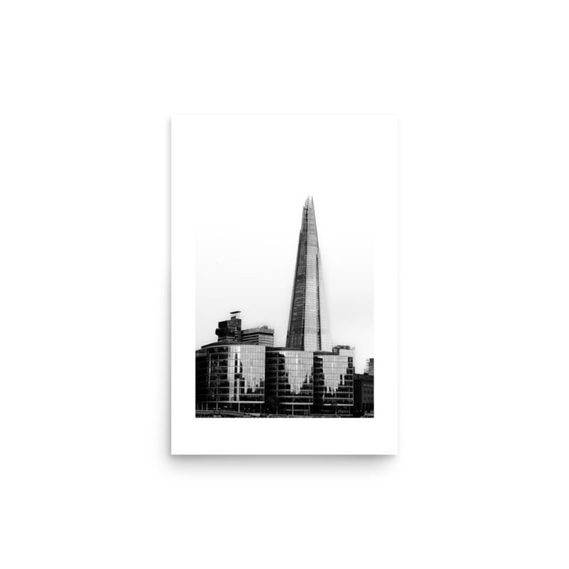 A black and white image of the Shard building